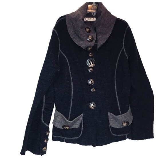 Anthro Casch Gro Wool Cardigan Boho Sweater Knit Wool Buttons High Collar Top M - Picture 2 of 16